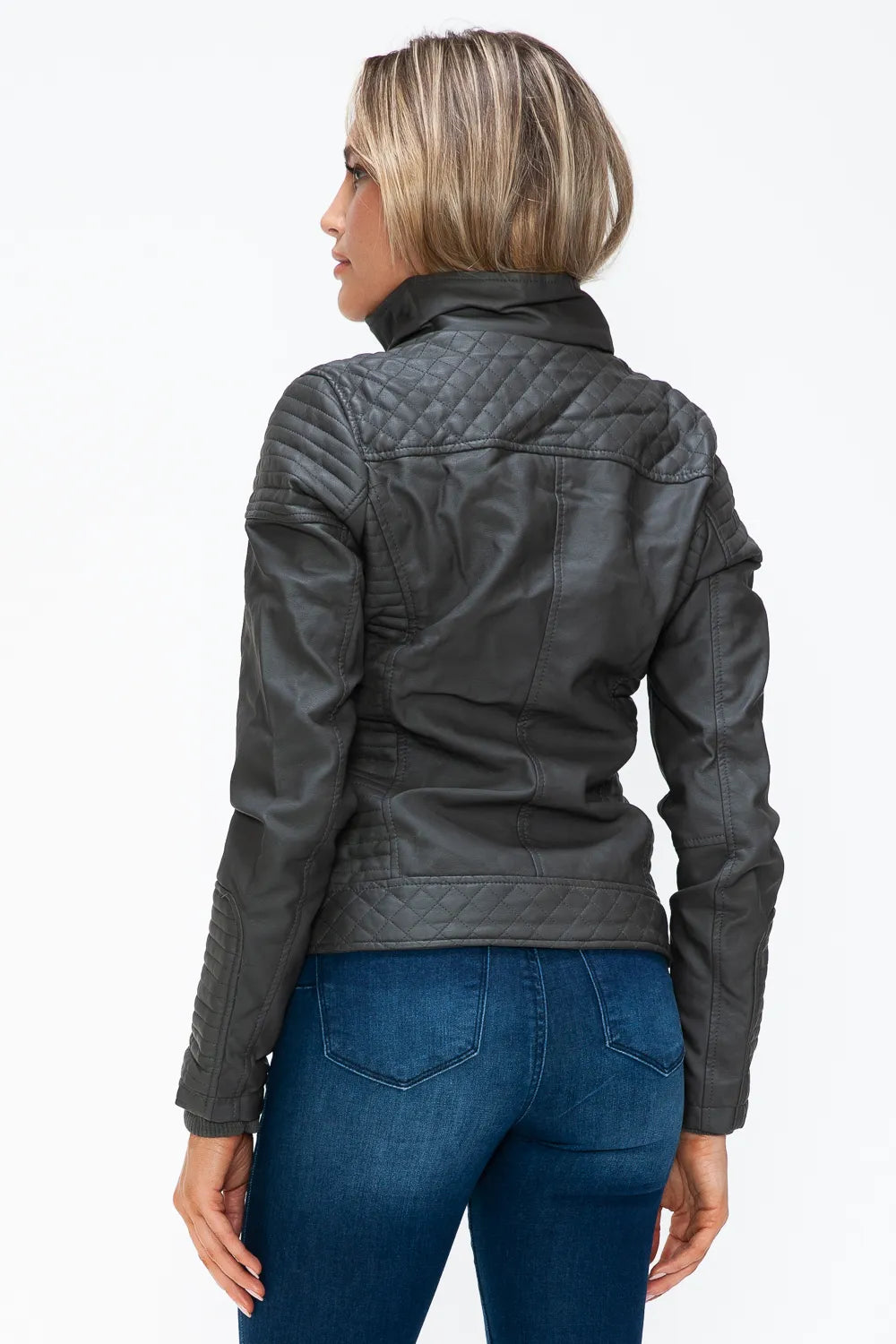 Charcoal quilted double-zip jacket, back view with curved hem and collar stand