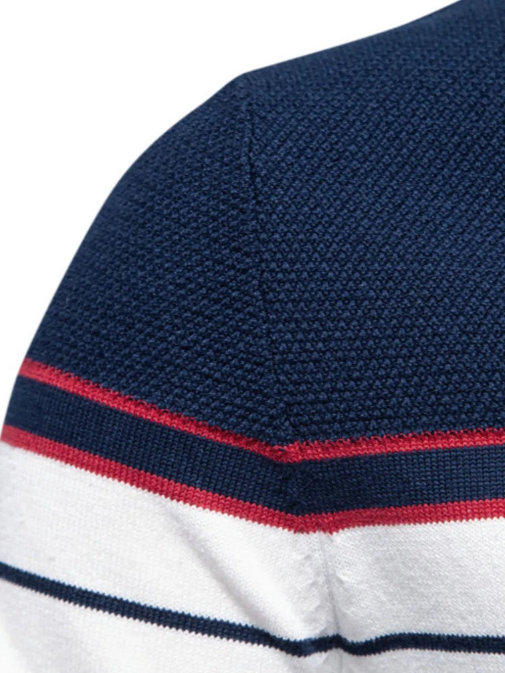 Men's navy striped sweater knit close-up with red trim and white stripe band