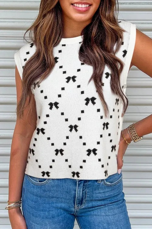 White bow-pattern round neck sweater vest, sleeveless knit with ribbed neckline