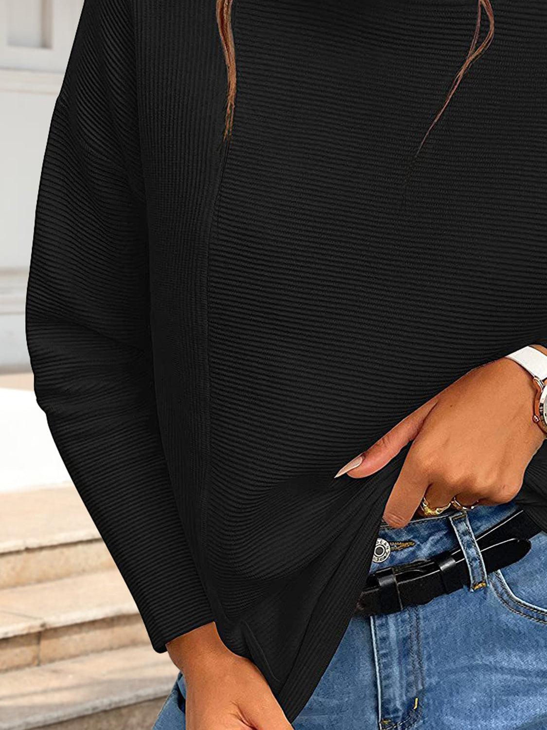 Black ribbed mock neck long sleeve sweater, side drape and sleeve detail