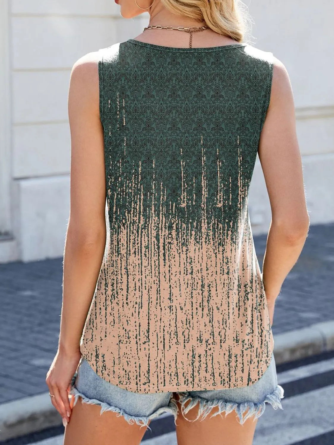 Ombre scoop neck wide-strap tank top, dark green to tan speckled vertical stripe