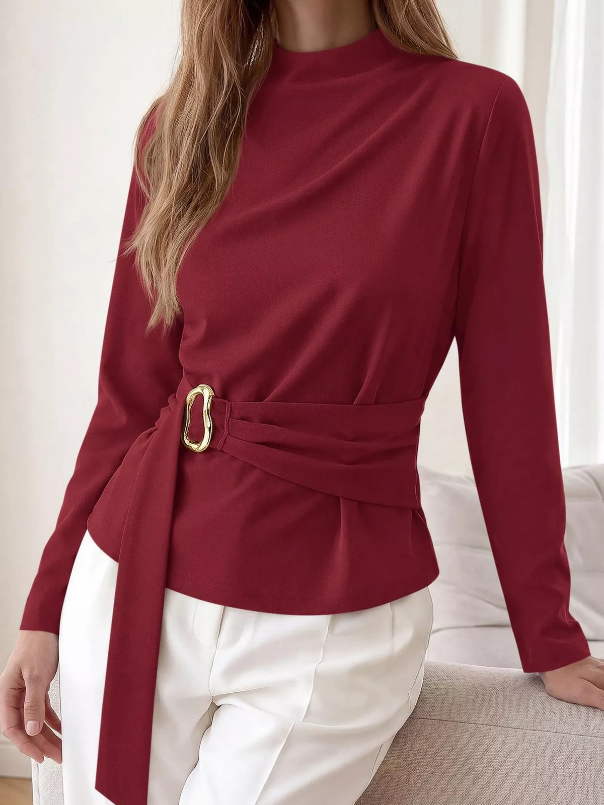 Burgundy mock neck blouse with ruched waist and wrap belt with gold ring