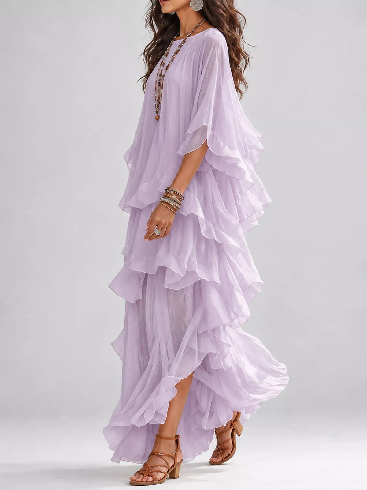 Lavender ruffled layered bohemian maxi dress with tiered flutter sleeves