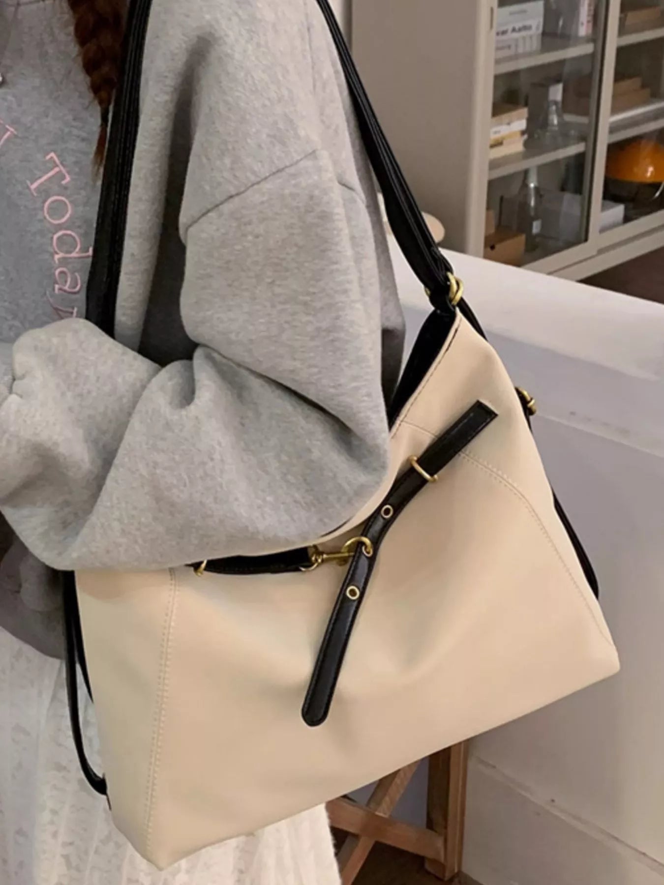 Buckle Decor Shoulder Bag, large beige PU with black straps and gold hardware by Trendsi