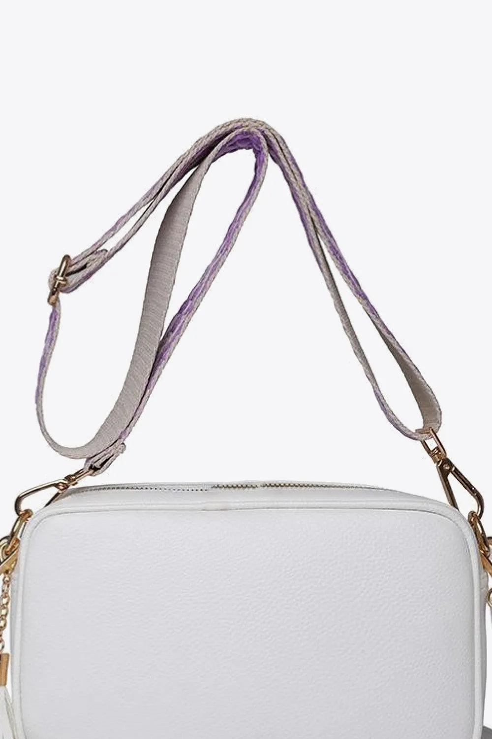 PU leather tassel crossbody bag, white, gold hardware, top zipper, shoulder strap
