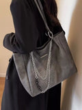 Chain Decor Shoulder Bag, large grey PU with silver chain accents