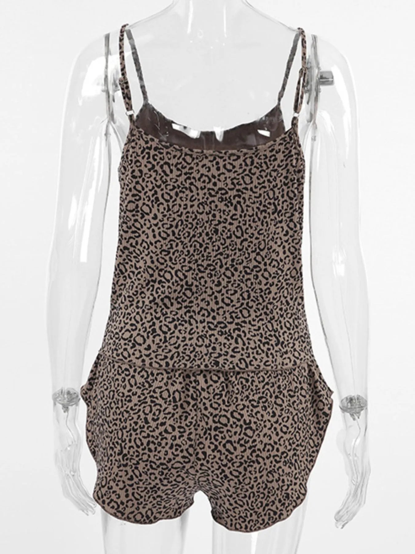 Leopard print cami romper set with shorts, adjustable spaghetti straps