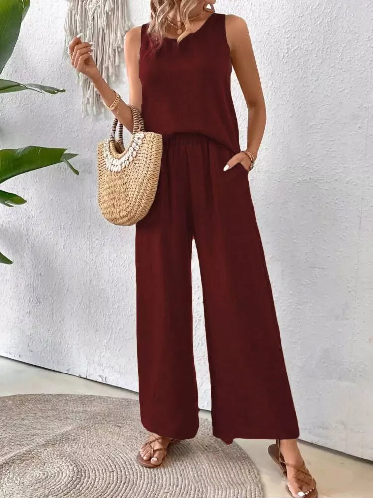 Burgundy round neck tank and wide-leg pants set, sleeveless with straight leg