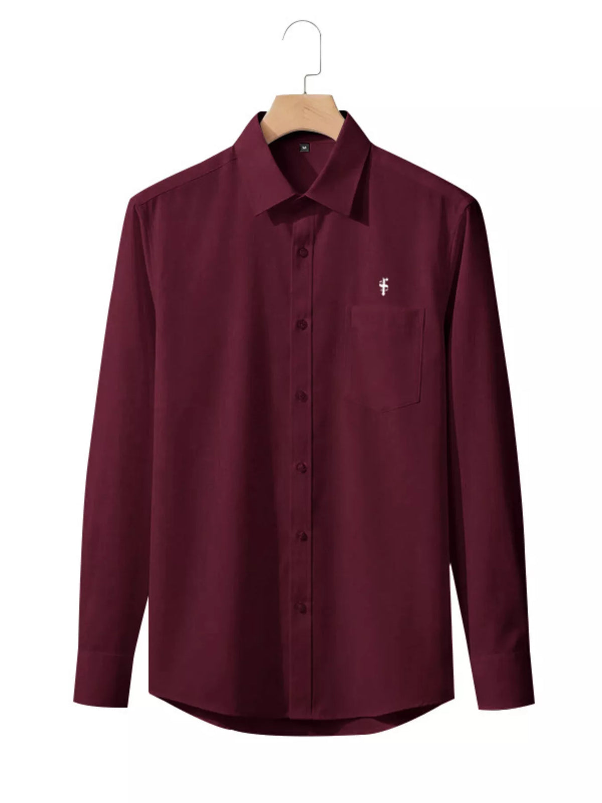 Men's burgundy long-sleeve button-up cotton shirt, hanging on hanger, chest logo