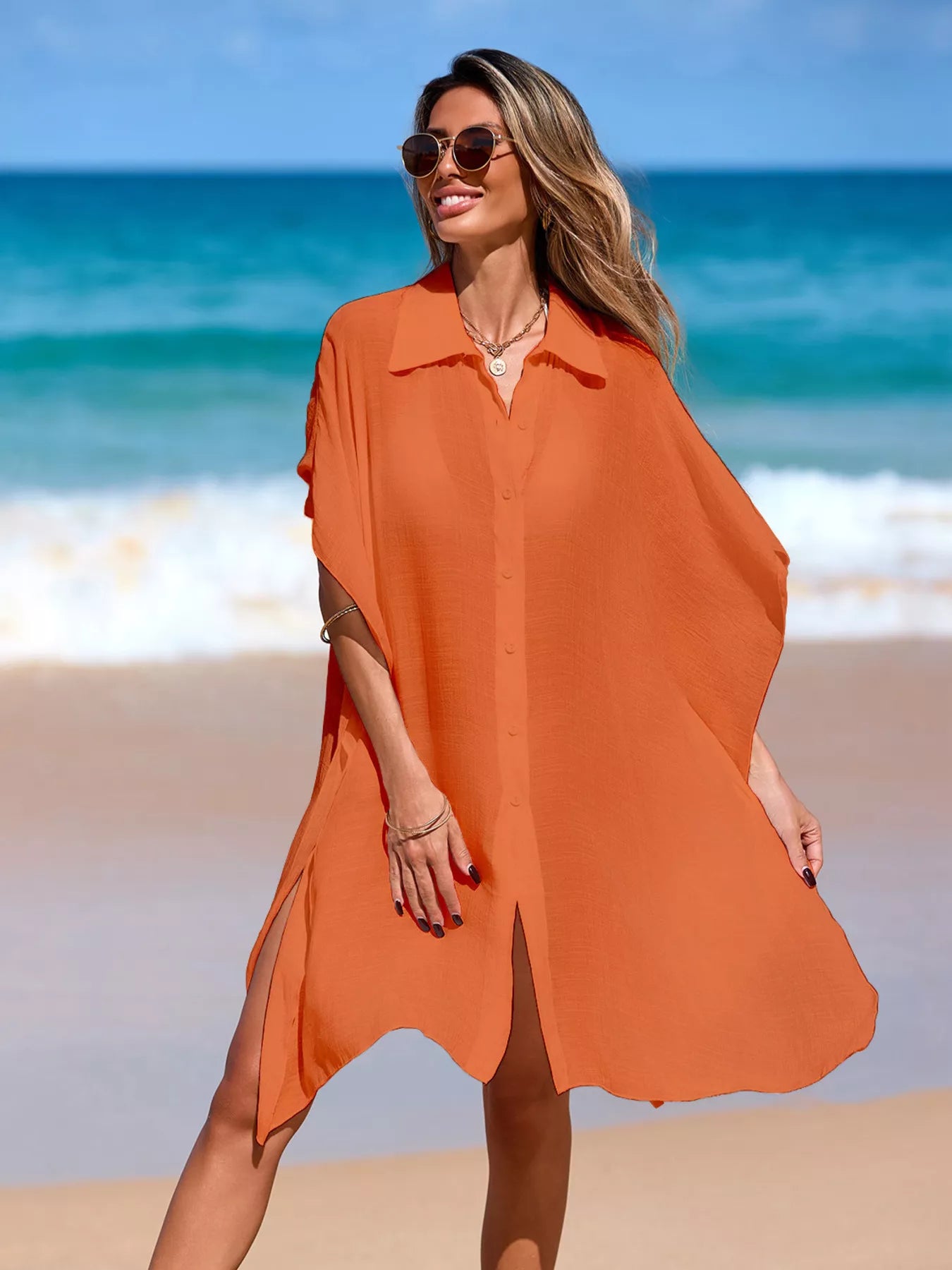 Orange relaxed fit button-up cover-up dress with collared neckline and front buttons