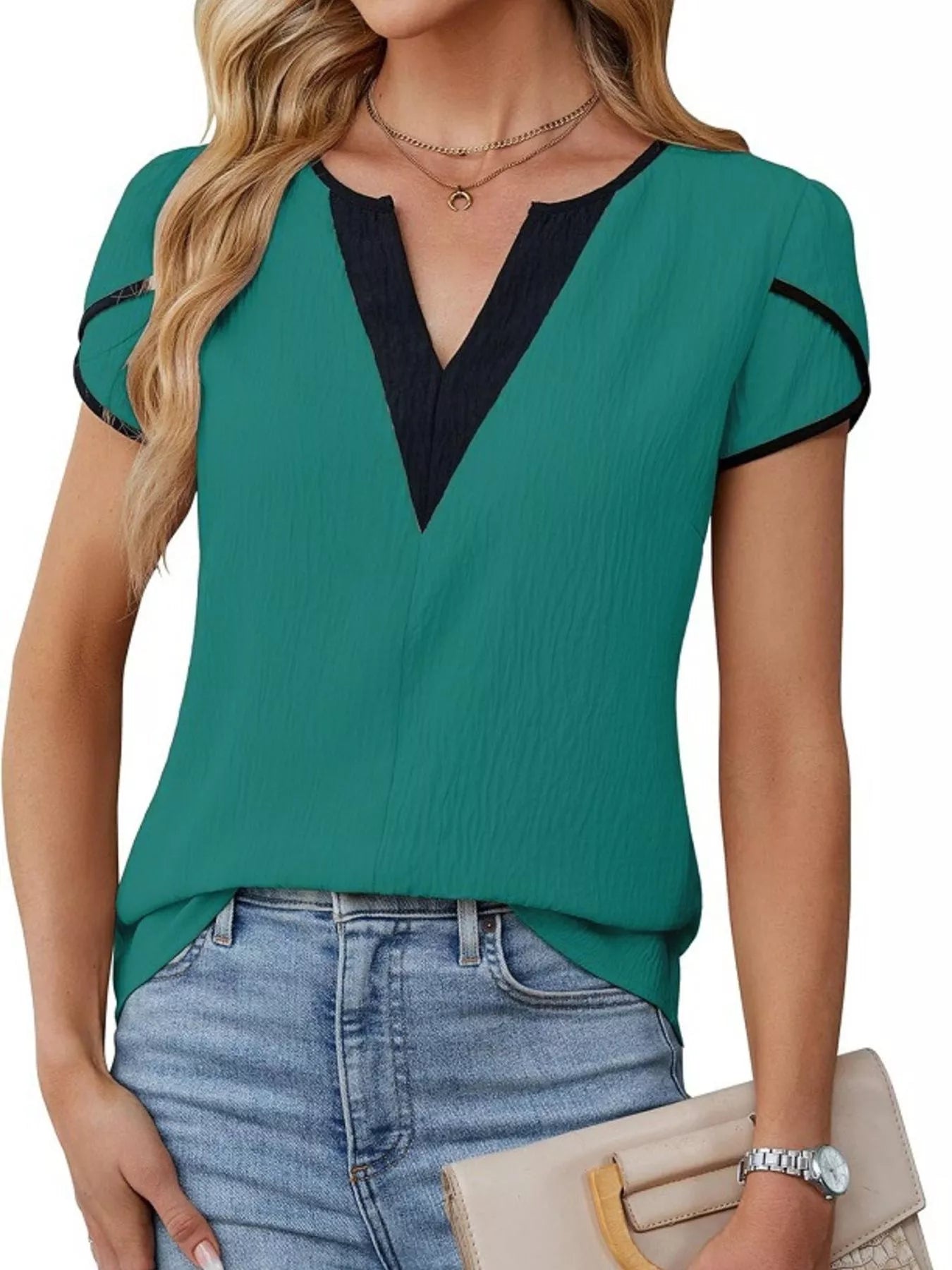 Notched Petal Sleeve Blouse in teal with black V-neck trim, Trendsi