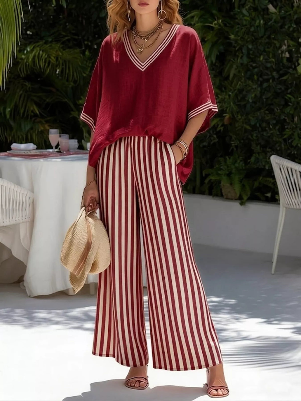 Red V-neck loose top with striped wide-leg pants, two-piece casual set.