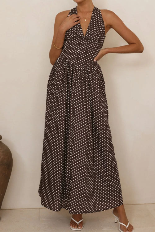 Dark polka dot halter maxi dress, sleeveless V-neck with tied halter straps