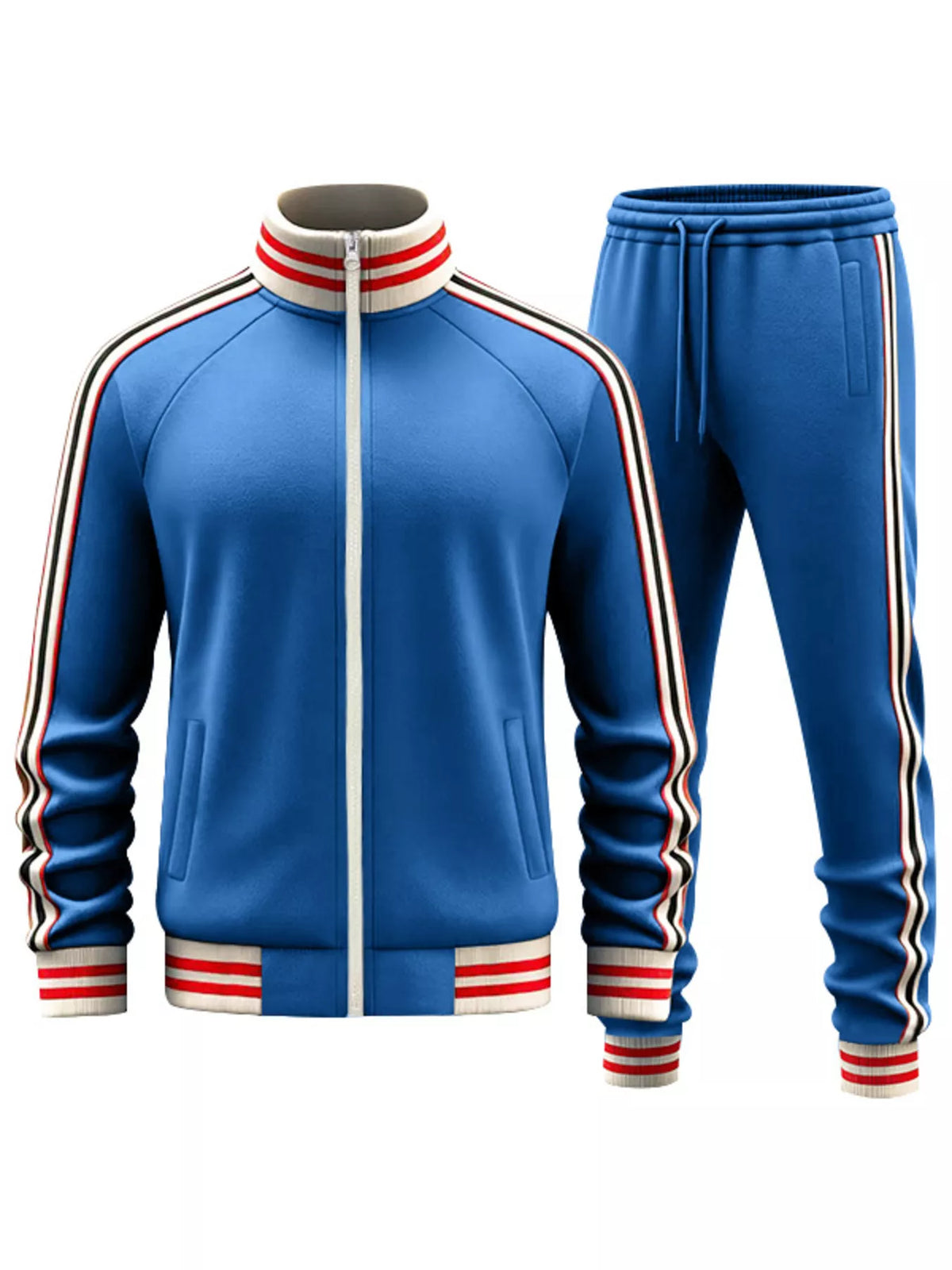 Blue zip-up track jacket and jogger pants set with red-white striped ribbed collar and cuffs