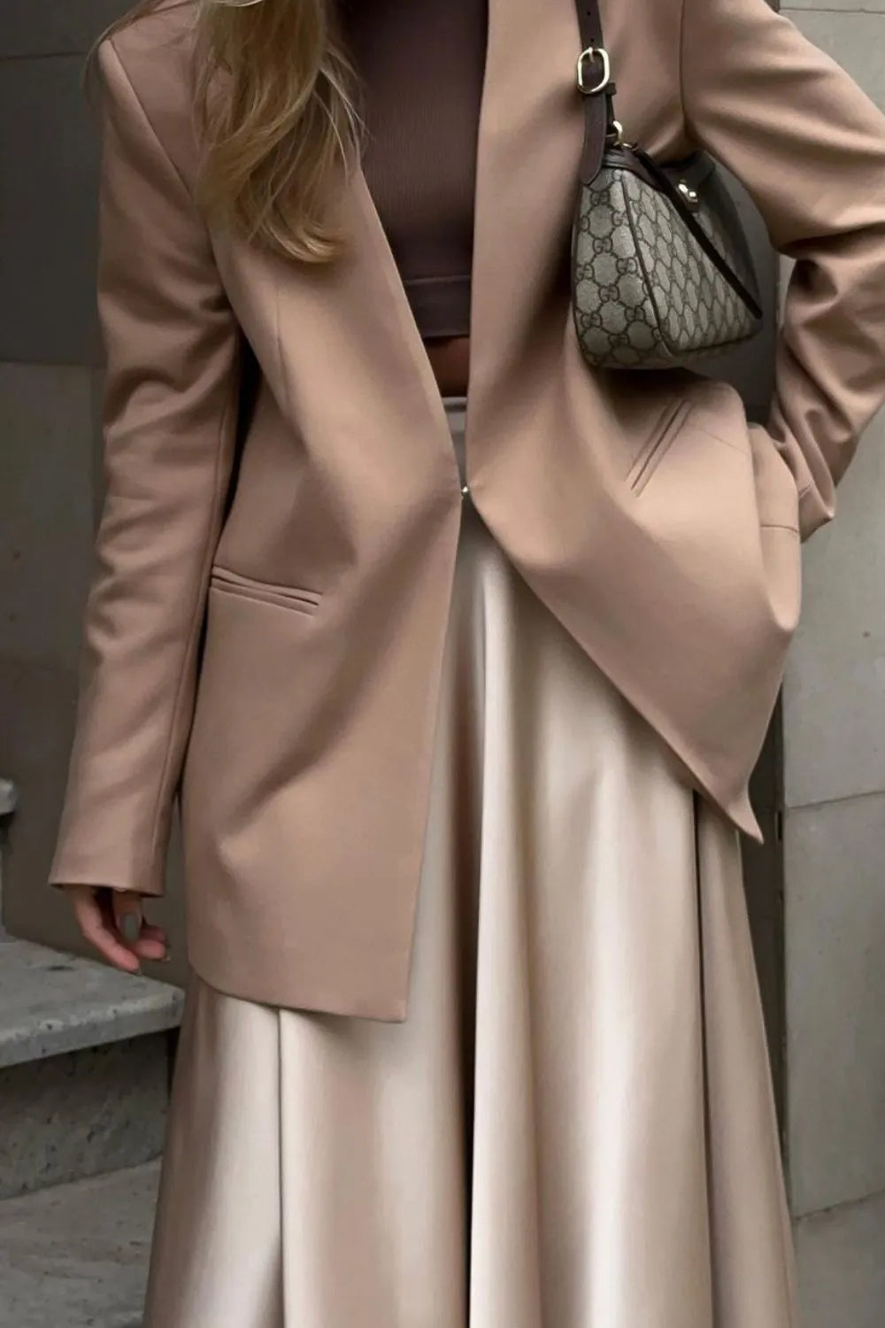Khaki satin midi skirt with elastic back waist, smooth fabric with pleated look
