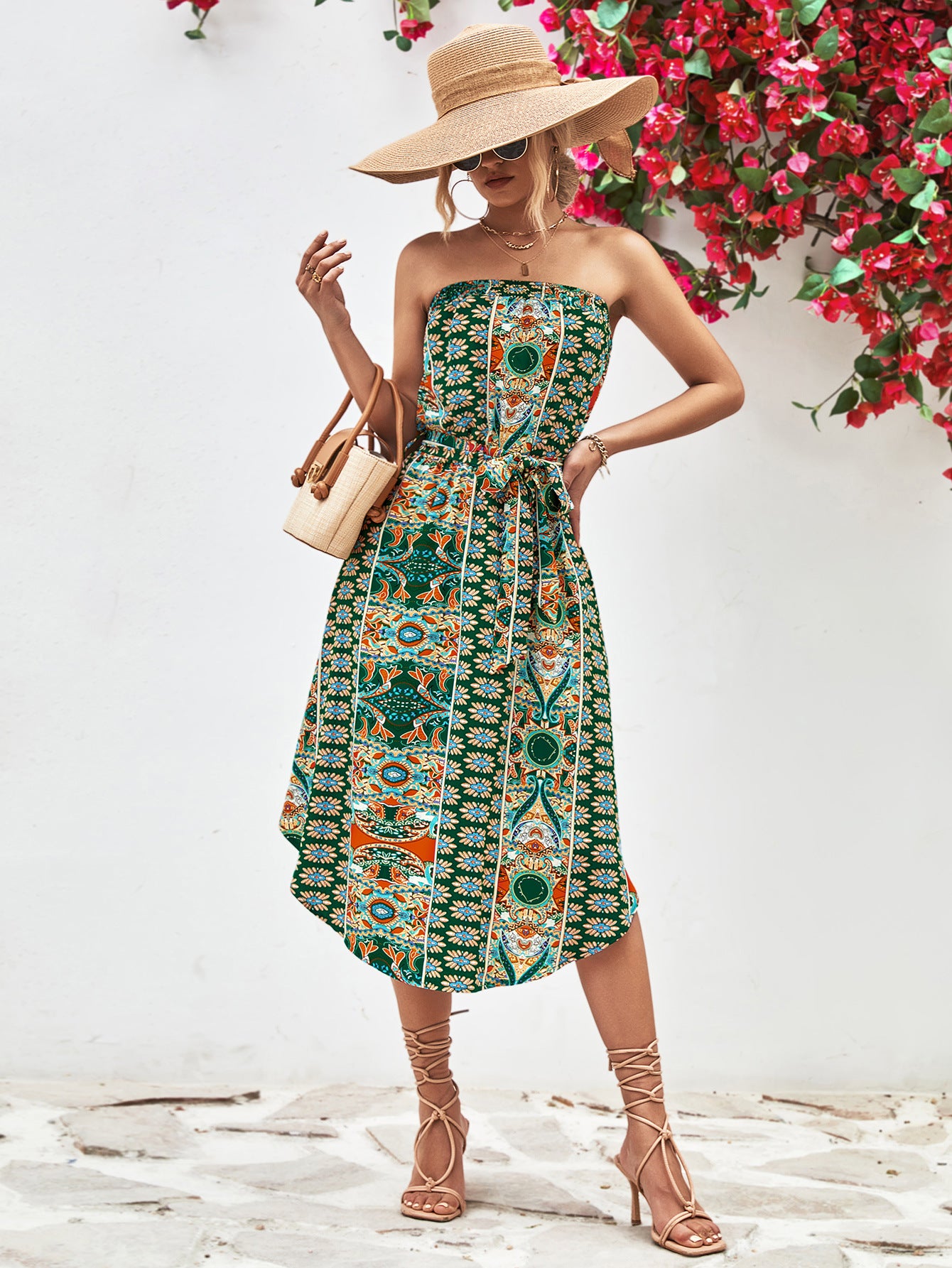Green strapless tie-belt dress with decorative geometric print, waist tie, midi