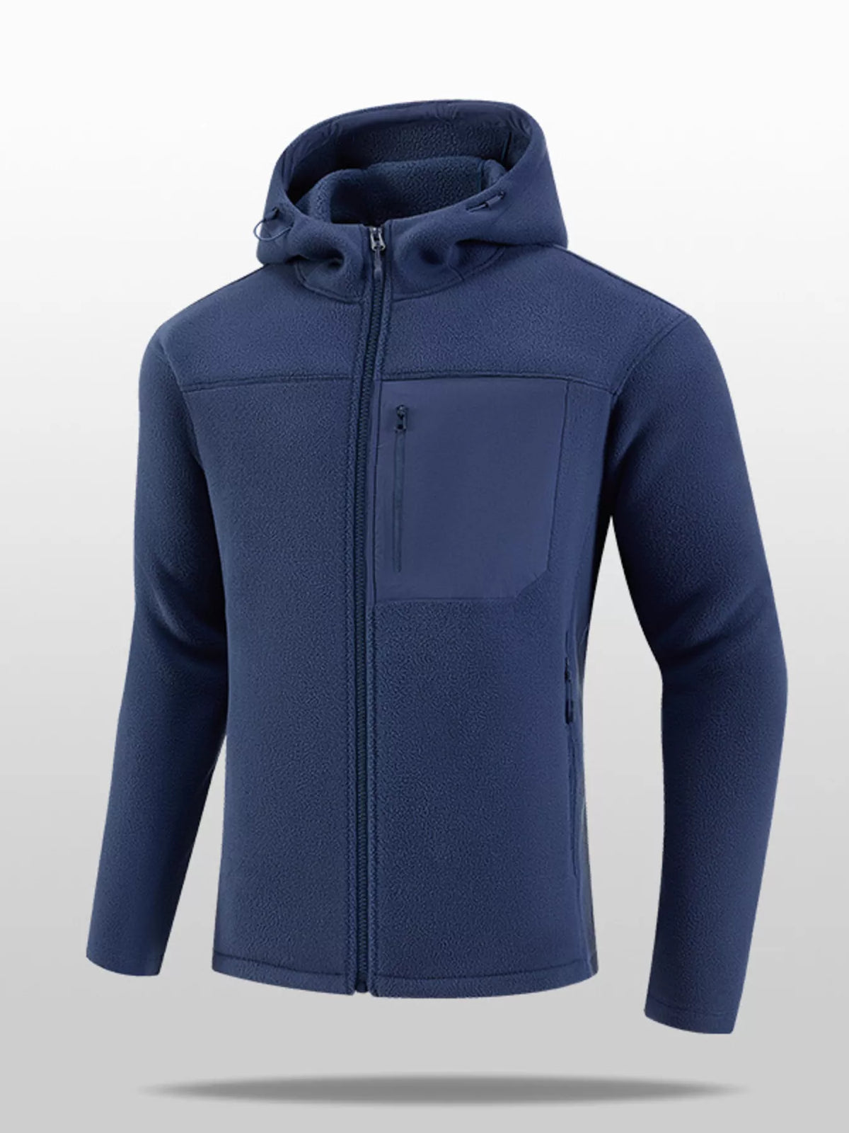Men's navy hooded fleece full-zip jacket, front view with zip and chest pocket