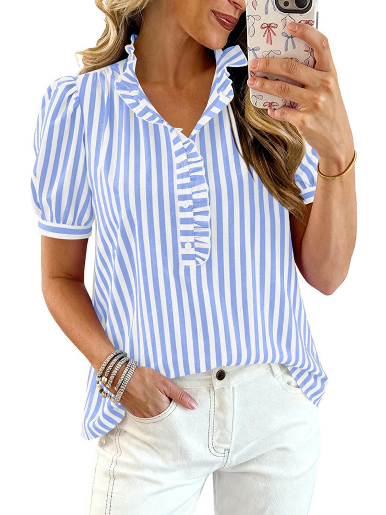 Frill Striped Puff Sleeve Blouse in blue and white vertical stripes, buttoned with a ruffled placket