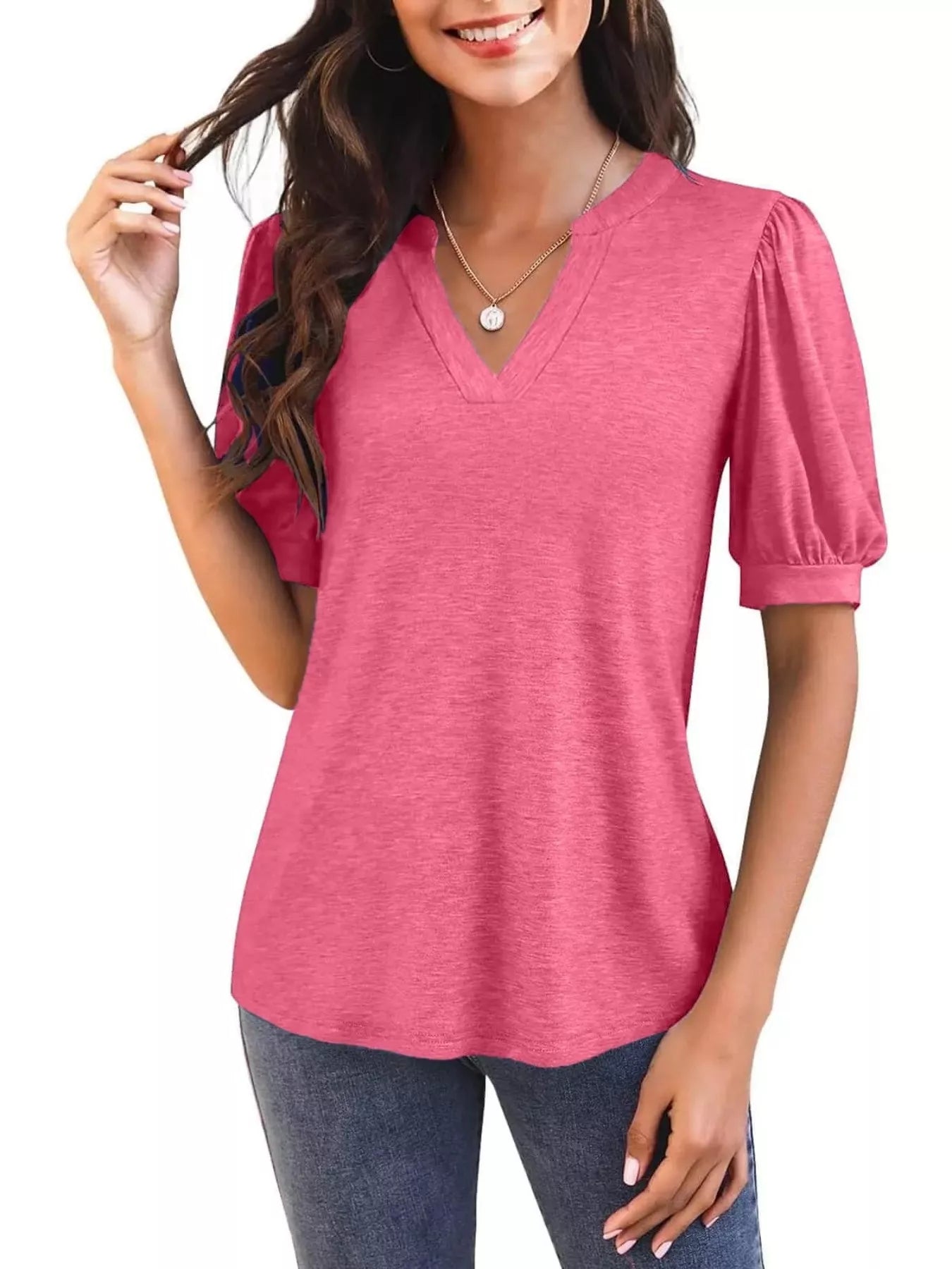 Cedar & Moore Puff Sleeve Notched Casual T-Shirt by Trendsi in pink with V-neck