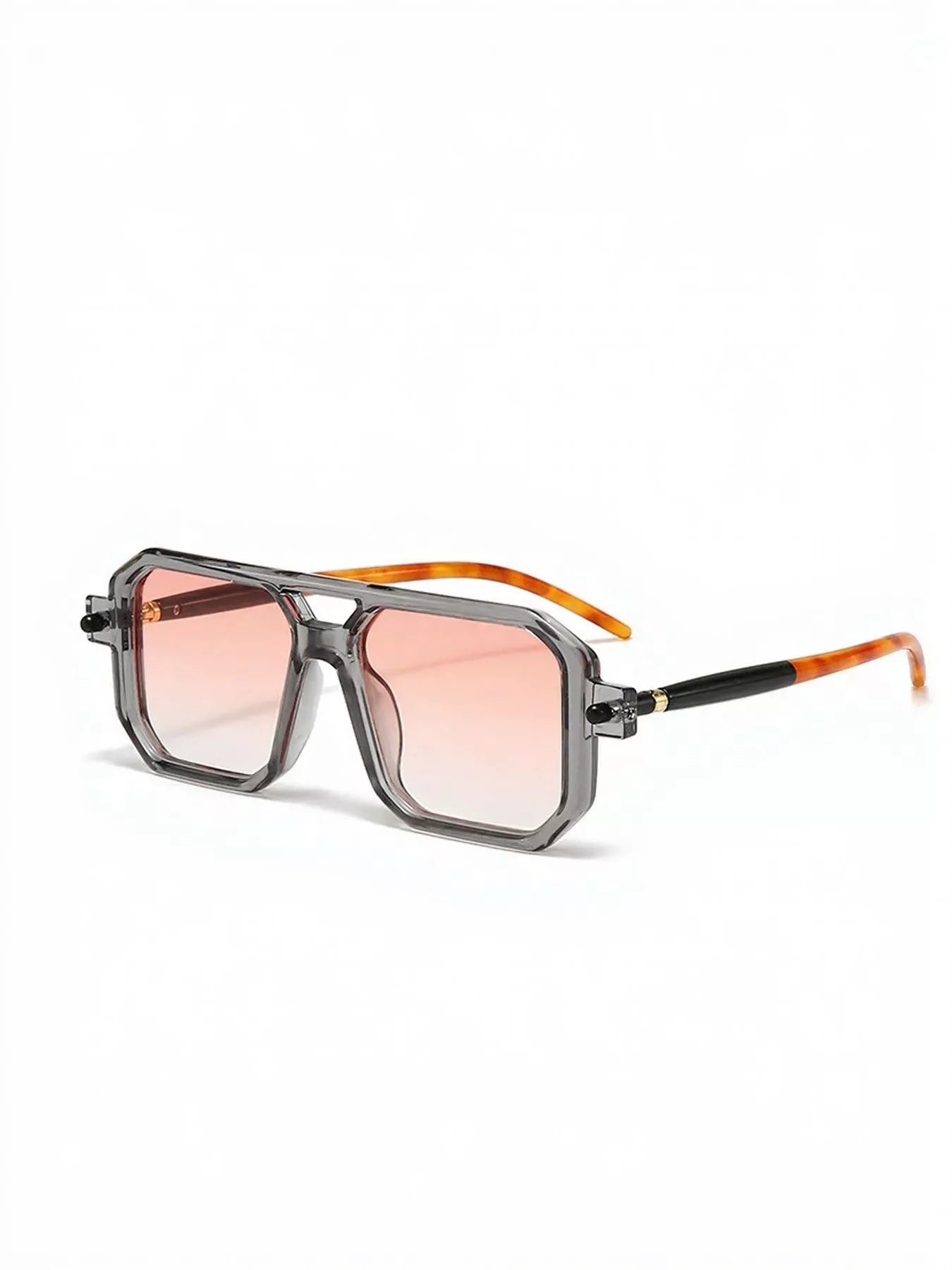 Cedar & Moore Square frame sunglasses, translucent gray frames with pink lenses and orange temples, 1 pair.