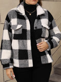 Black-and-white plaid jacket, sherpa collared, button front, chest pocket