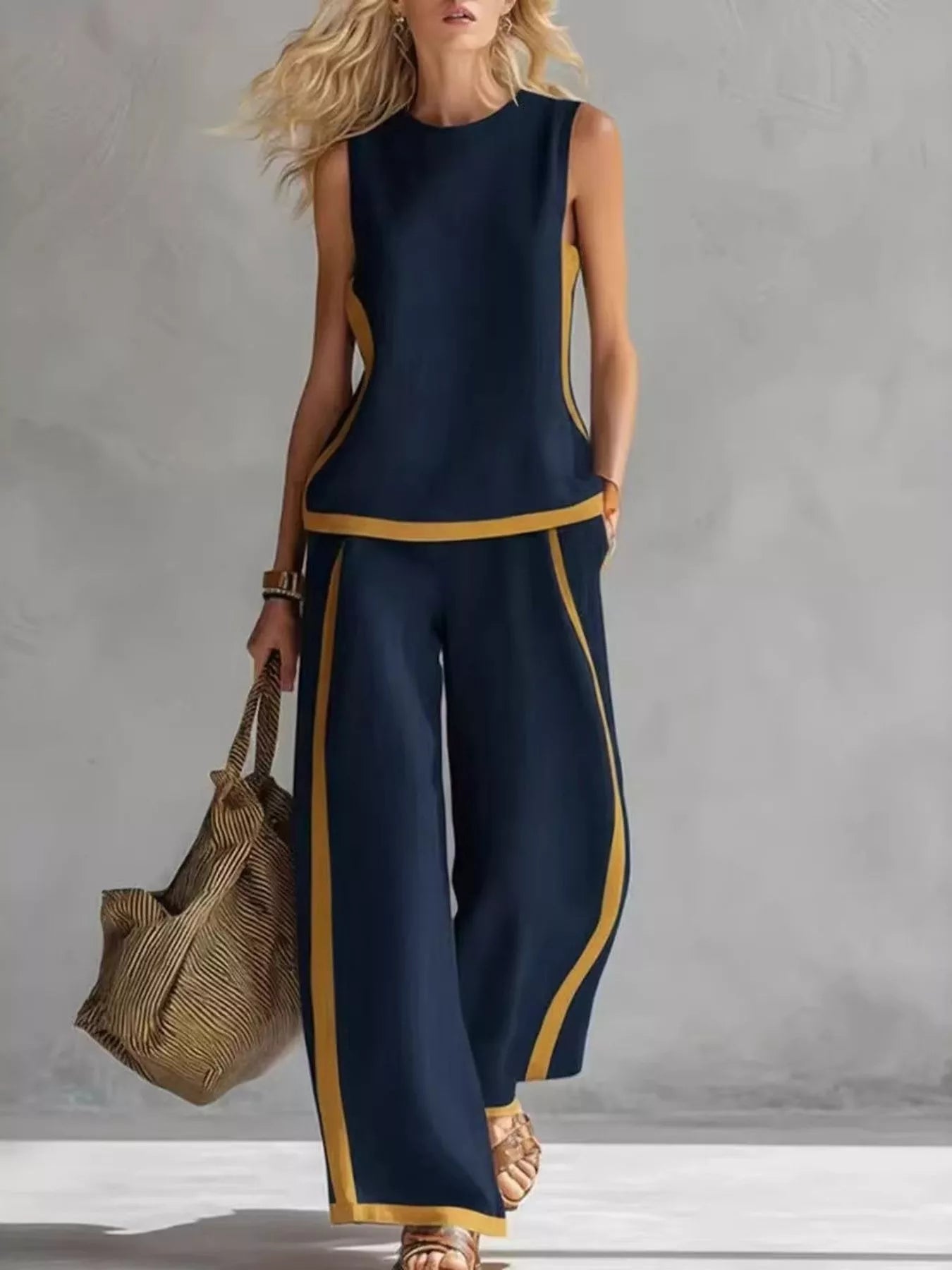 Sleeveless tank top and wide-leg pants set, navy blue with yellow trim