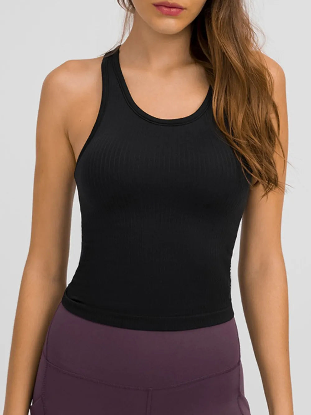 Black active tank top with round neck and racerback straps