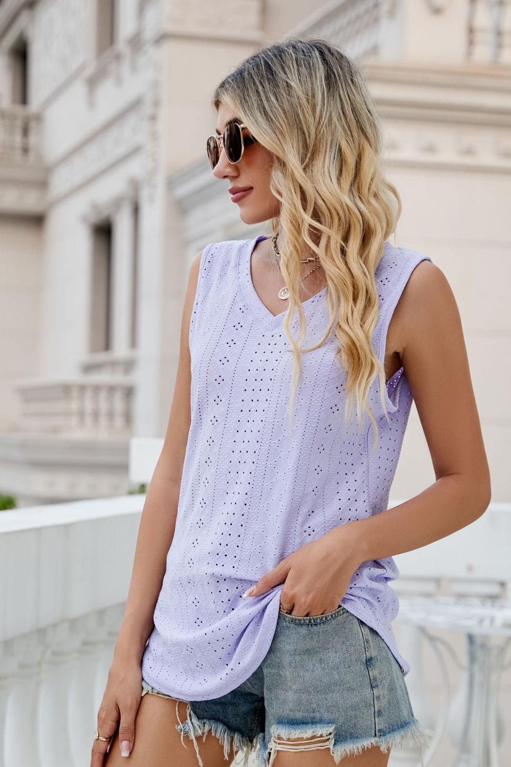 Lavender eyelet V-neck tank top with vertical eyelet pattern and curved hemline
