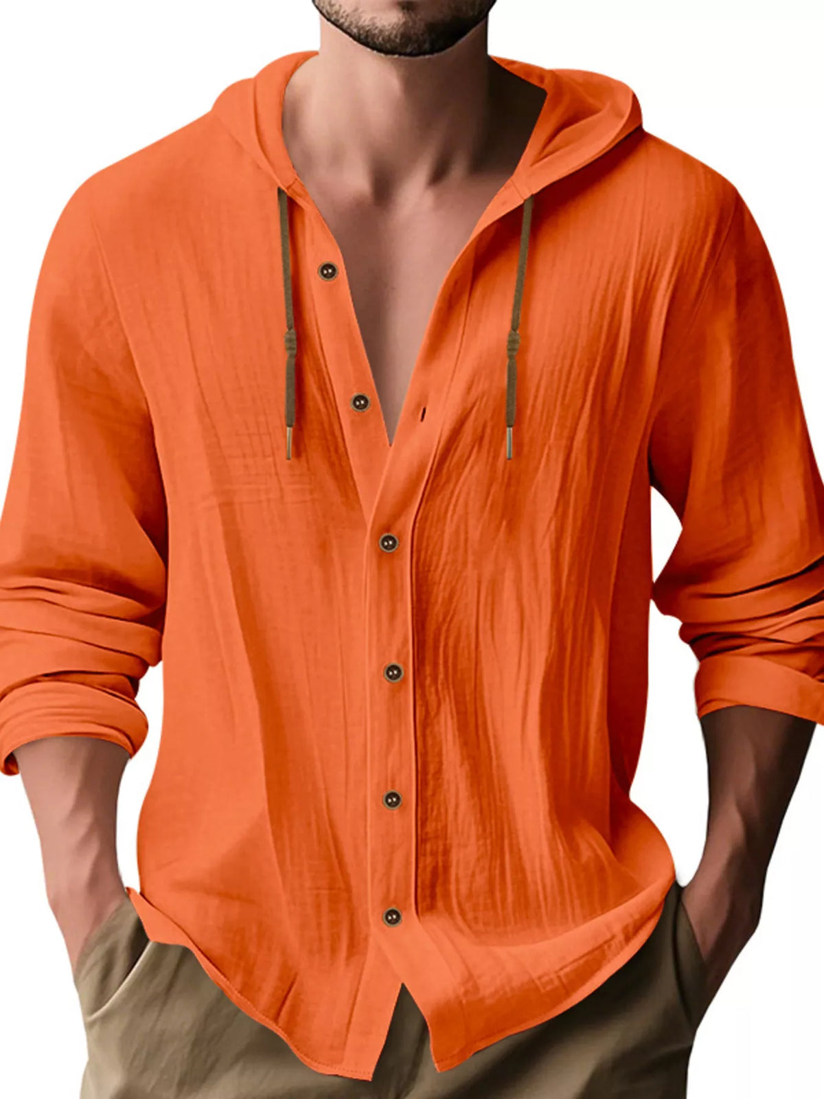 Men's orange linen hooded button shirt with drawstring, long sleeves