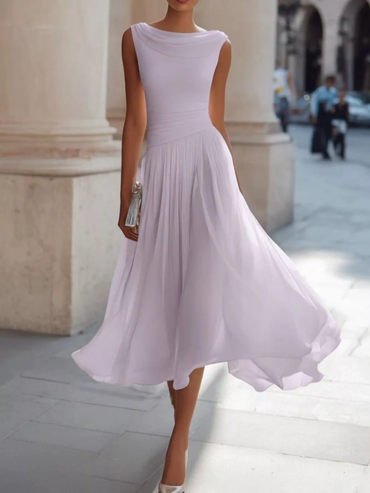 Lilac/pale pink sleeveless cowl neck midi dress with gathered pleated skirt