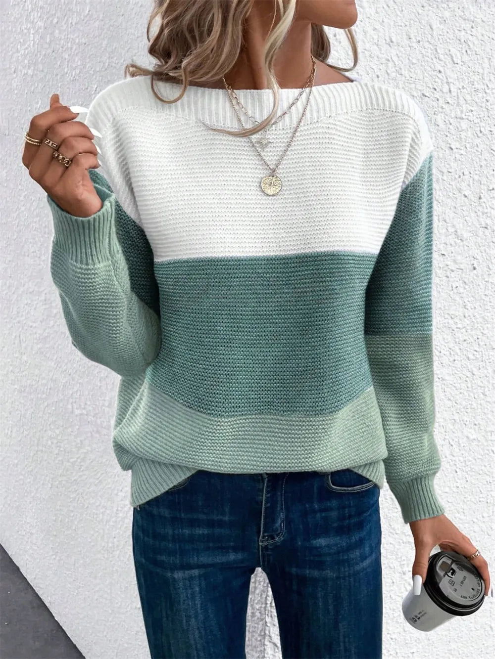 Color-block long sleeve sweater with white upper and light teal-green horizontal band