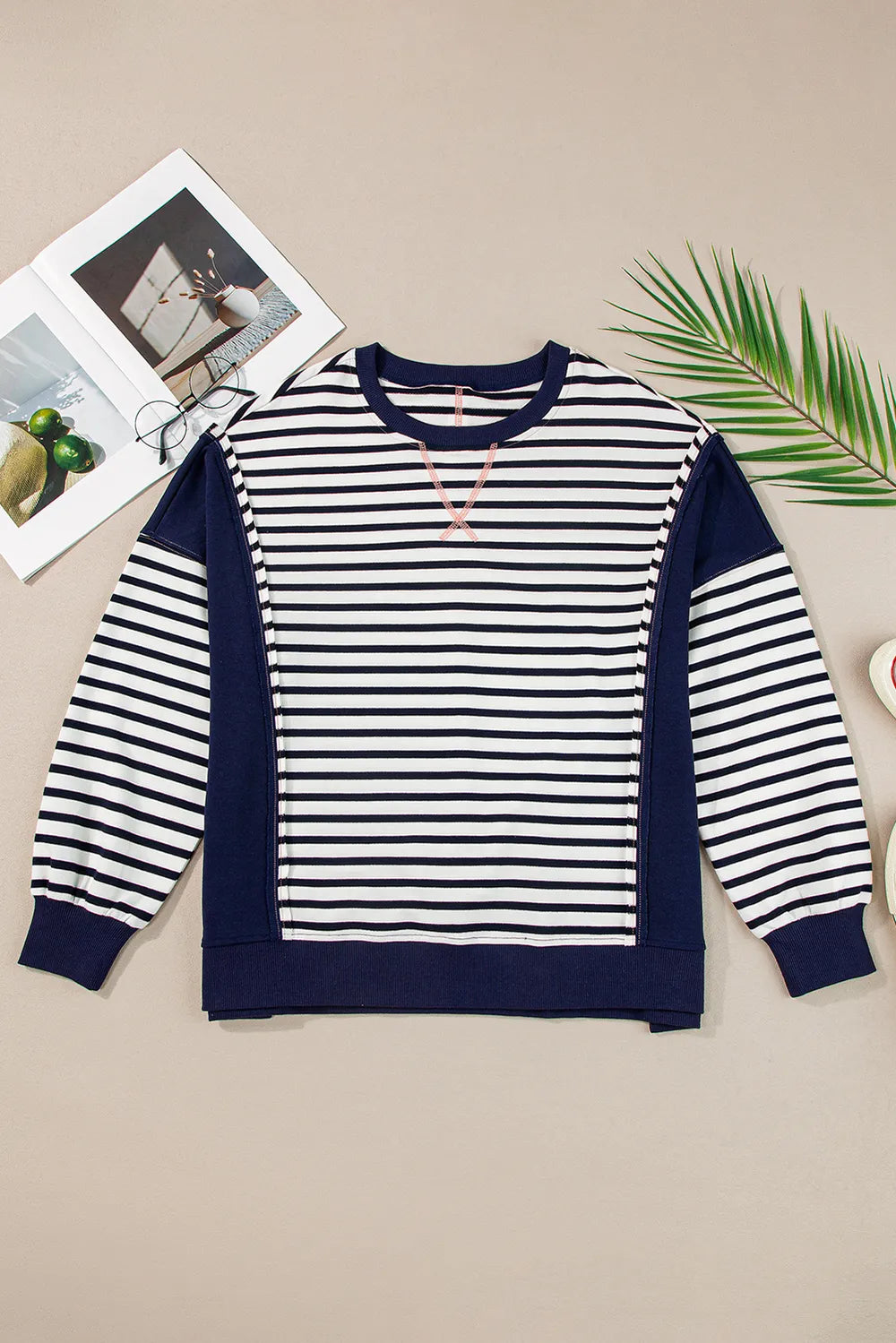 Striped long sleeve sweatshirt, navy and white with crew neck and exposed seam