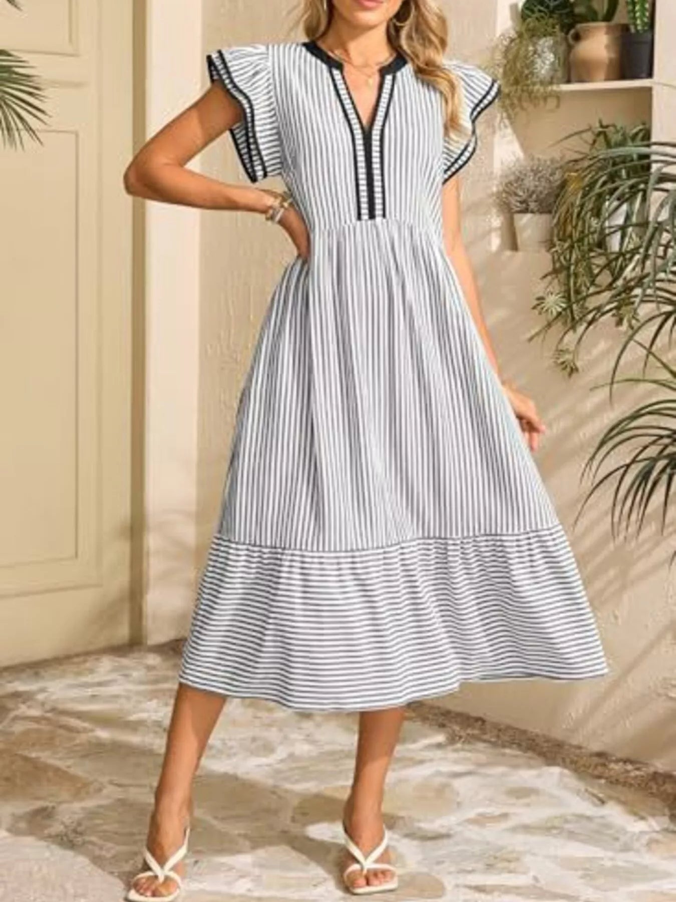 Striped Notched Ruffle Sleeve Dress, pocketed, light blue/white, Trendsi