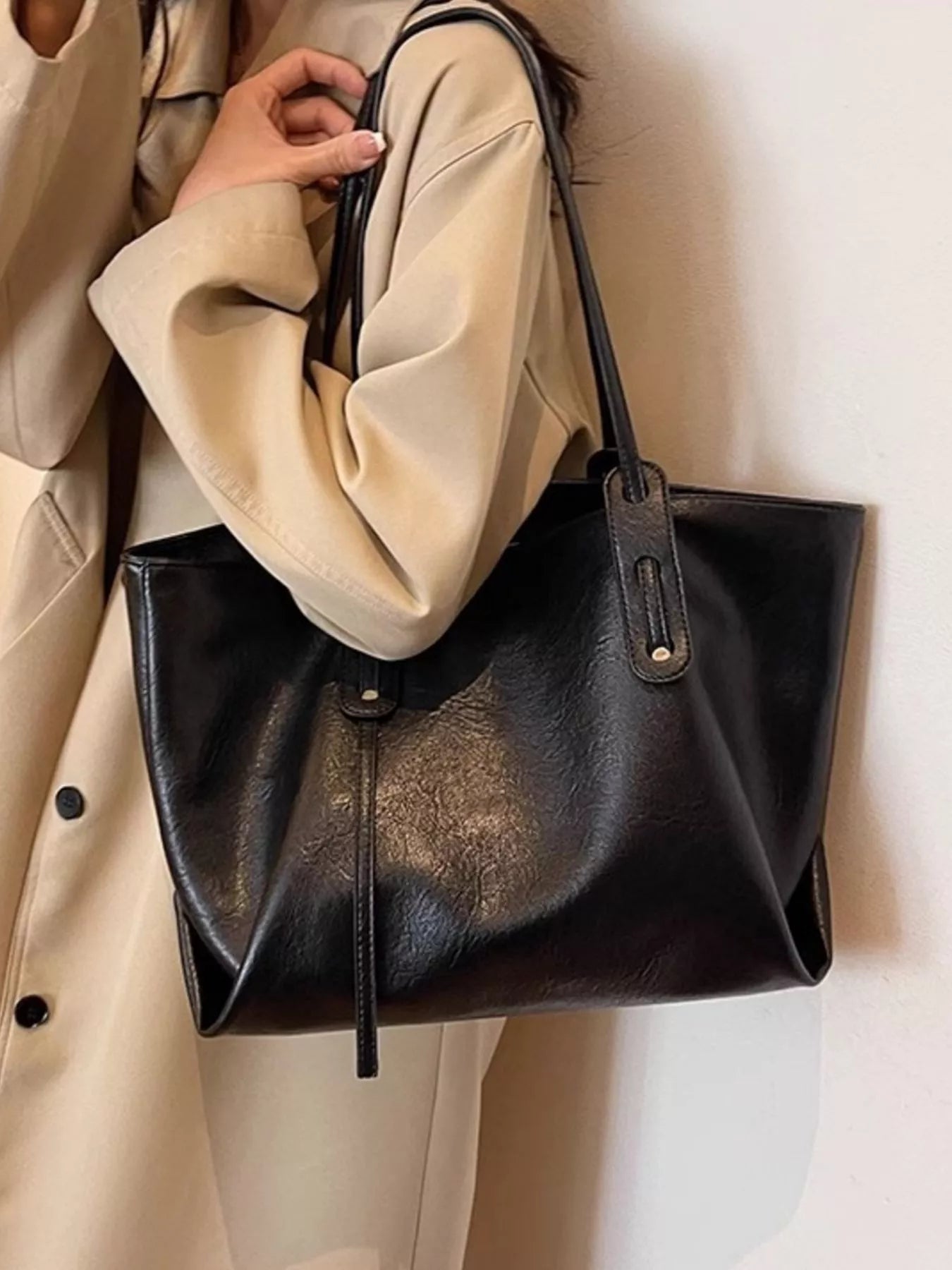 PU Leather Shoulder Bag, large black tote with long shoulder strap