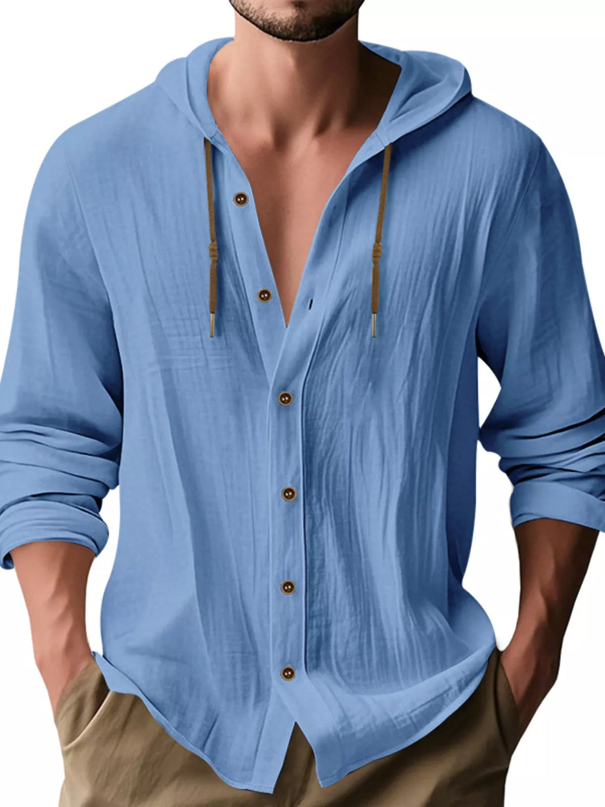 Men's blue linen hooded button shirt with drawstring cords and front button placket