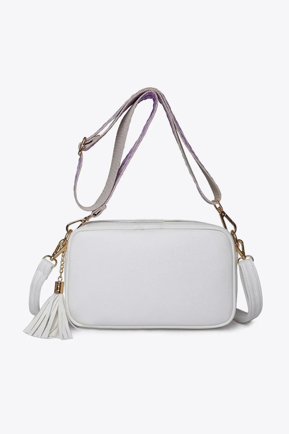 PU leather tassel crossbody bag, white with gold-tone chain straps and tassel