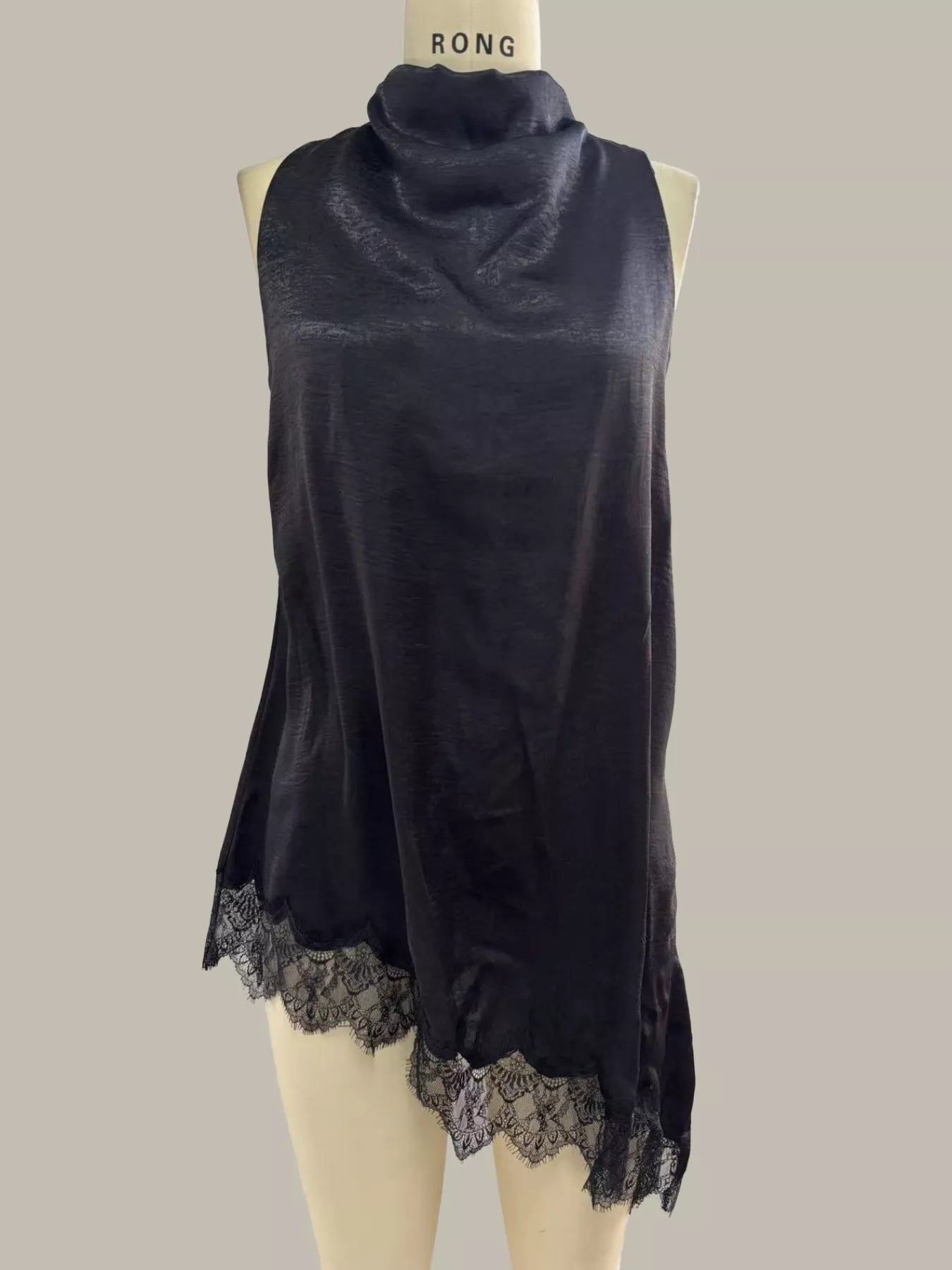 Cedar & Moore High Neck Lace Trim Cami in black satin-like fabric with lace hem