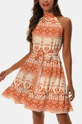 Tangerine and white printed tie-waist frill-trim dress, tiered skirt
