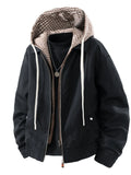 Black hooded zip-up jacket with plaid lining and white drawstring ties