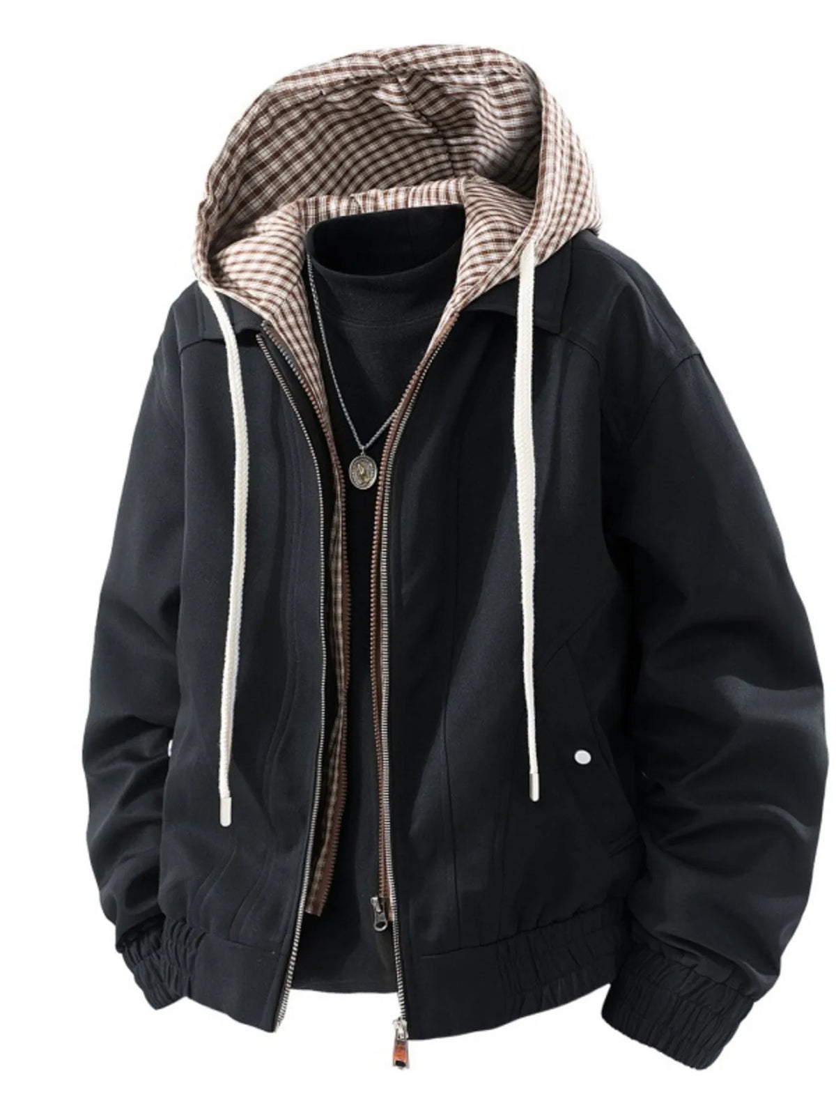 Black hooded zip-up jacket with plaid lining and white drawstring ties
