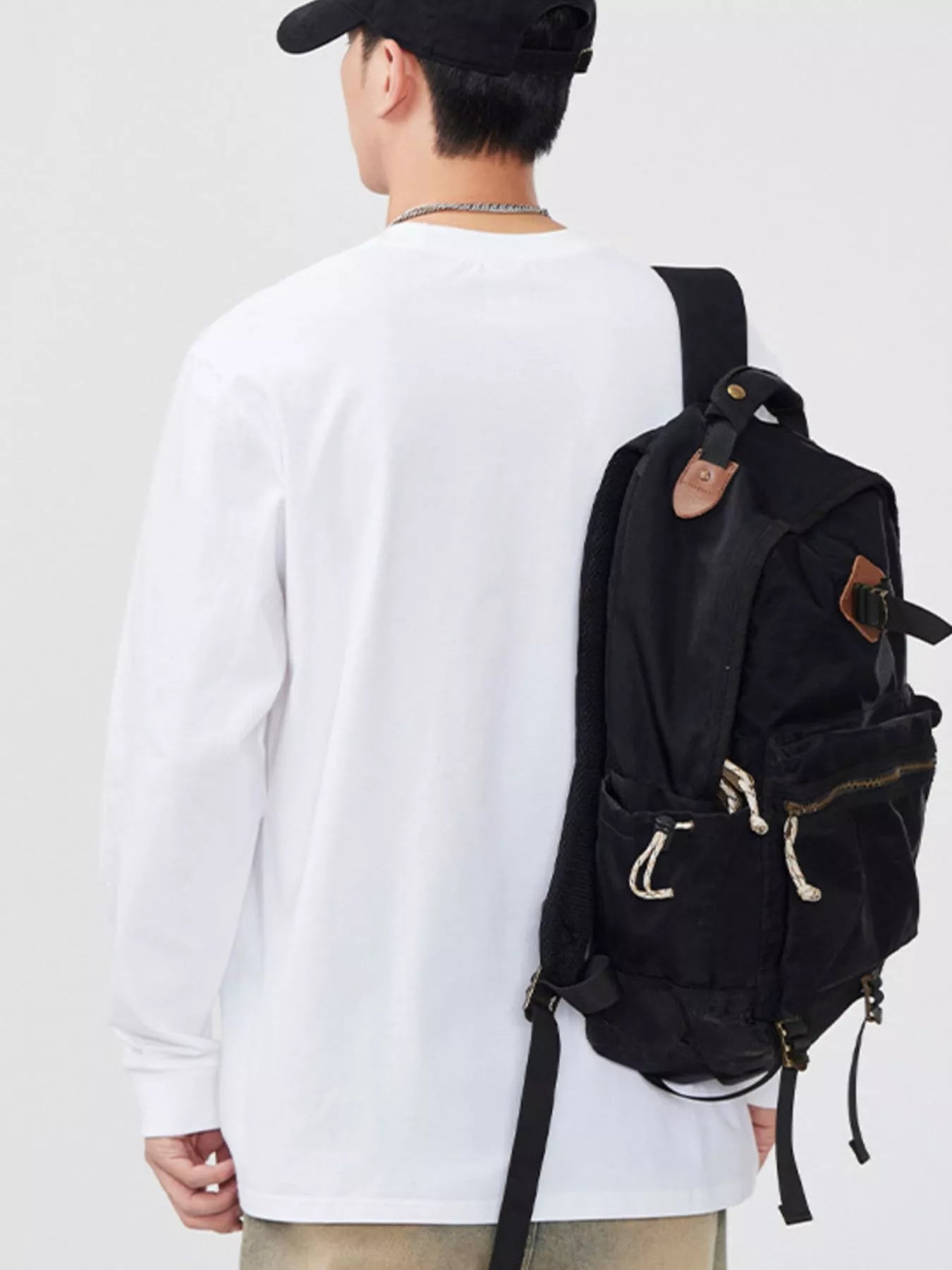 White long-sleeve T-shirt with round neck, back view