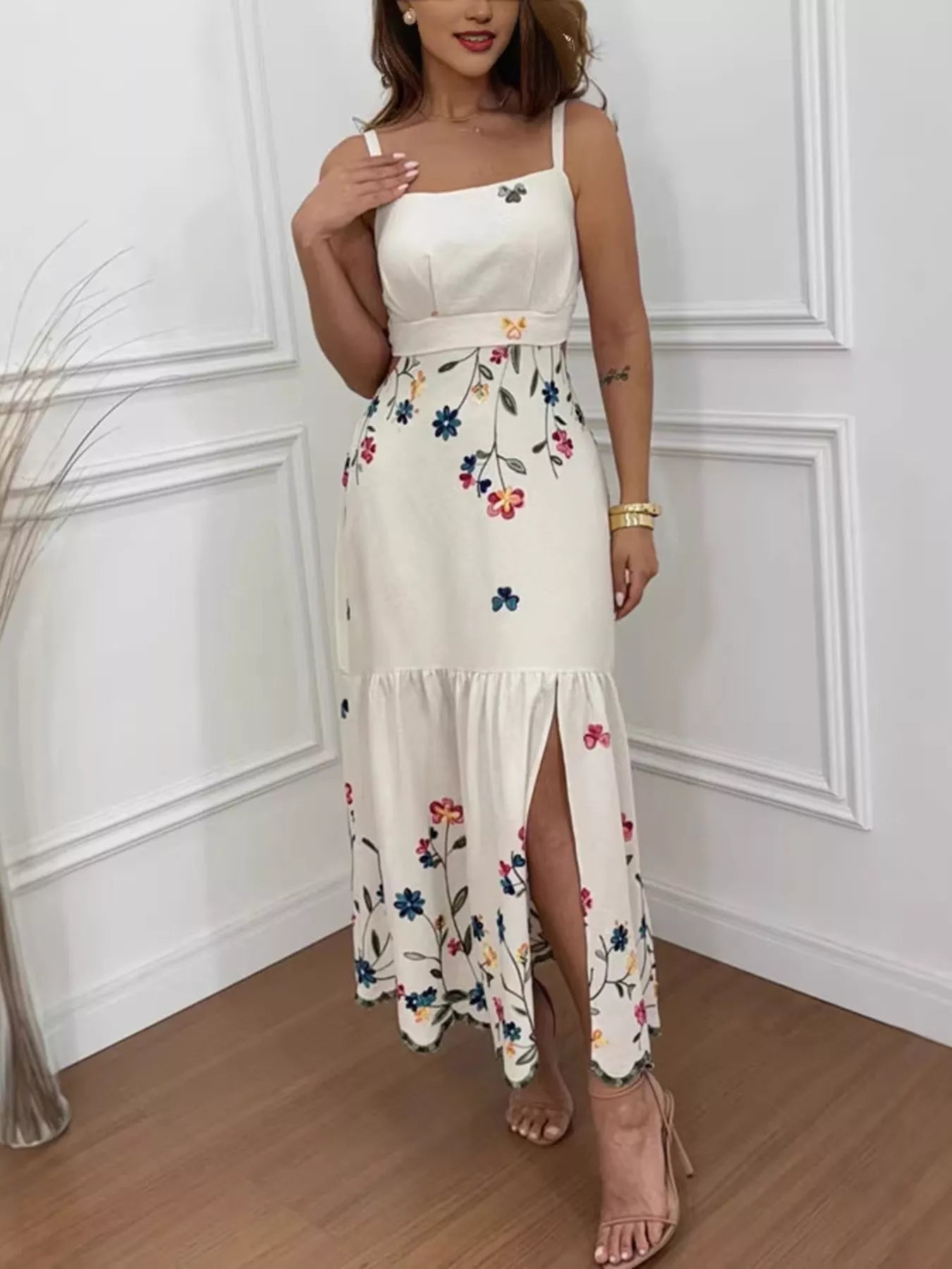 Cedar & Moore Floral Print Cutout Back Slit Hem Midi Dress by Trendsi in cream with colorful flowers