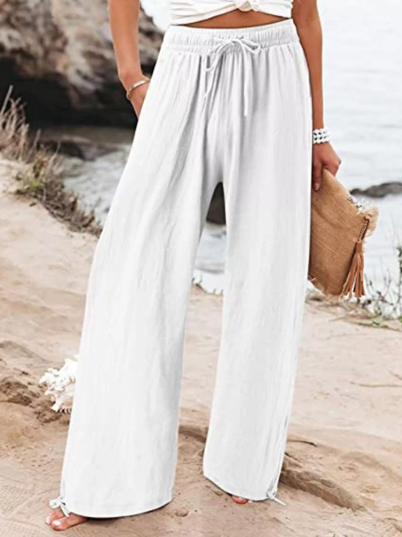 Wide-leg pants in white with elastic drawstring waist