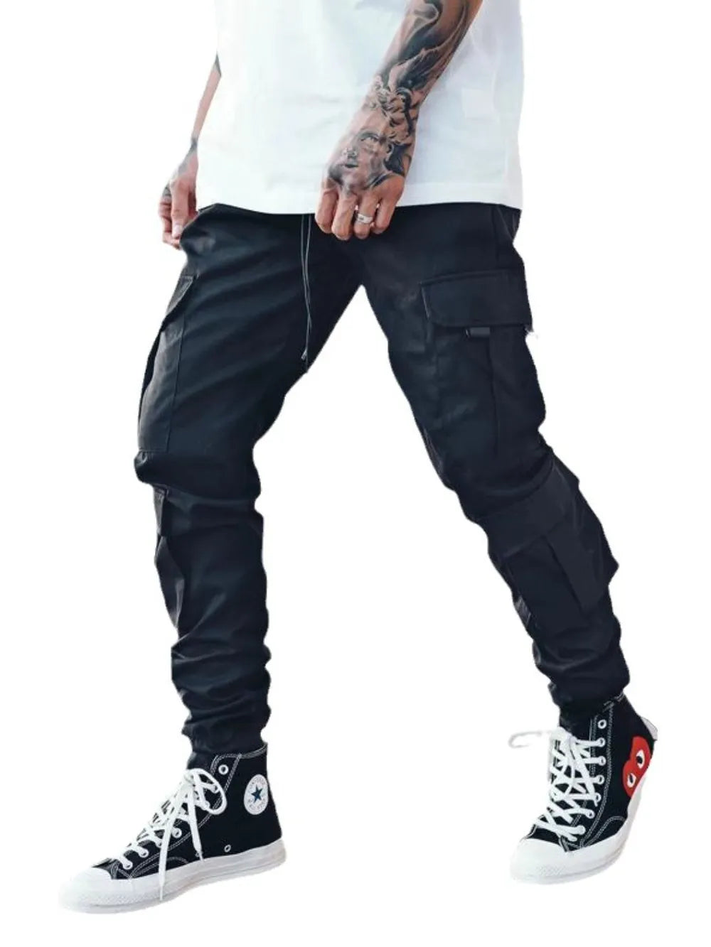 Men's black cargo pants with drawstring waist and multiple side cargo pockets