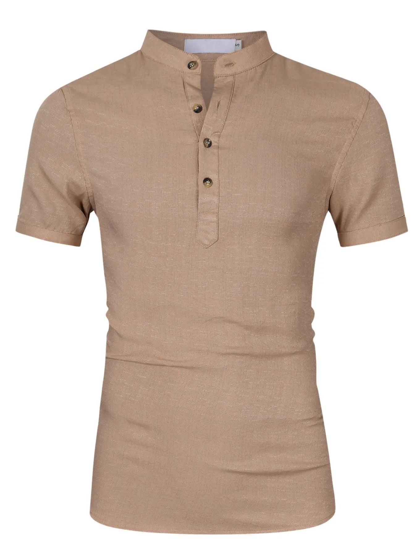 Men's khaki polo shirt with button placket and short sleeves