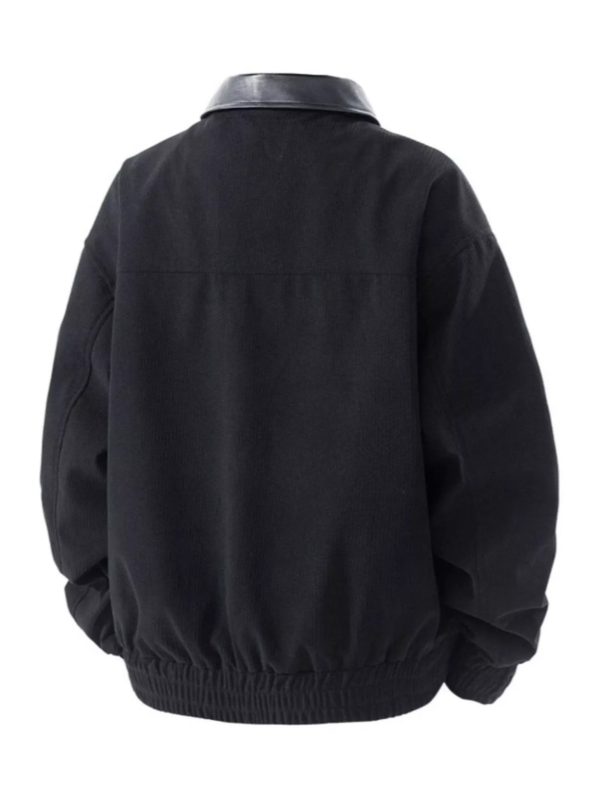 Men's corduroy zip-up jacket with faux leather collar, back view, black