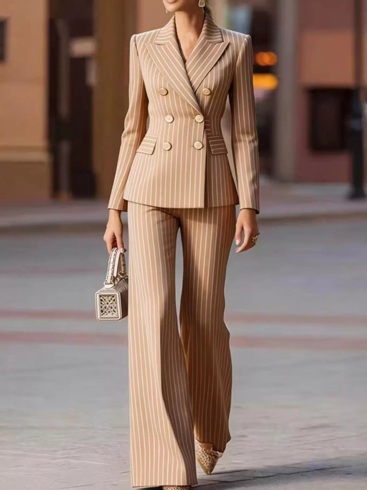 Pinstripe double-breasted blazer and matching wide-leg pants set in light apricot with gold buttons.
