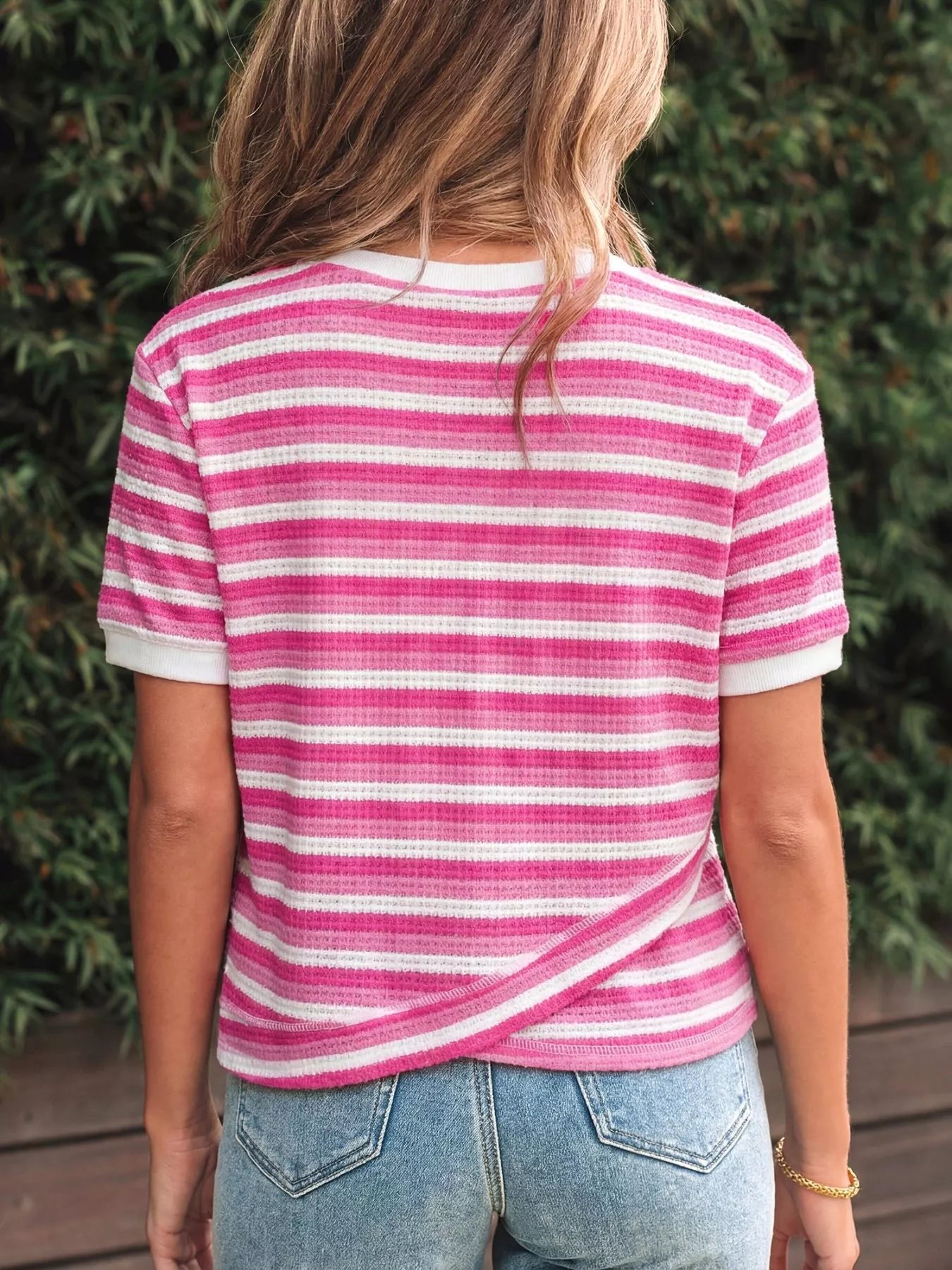 Cedar & Moore Textured Knit Short Sleeve Crossed Detail Tee in pink/white stripes, back view
