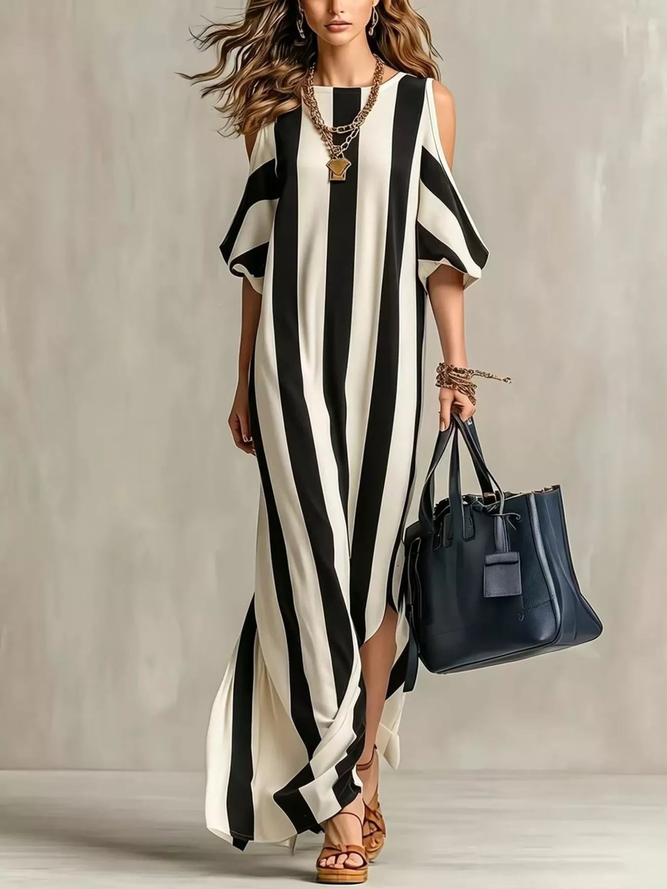 Black and white striped cold-shoulder maxi dress with draped flutter sleeves
