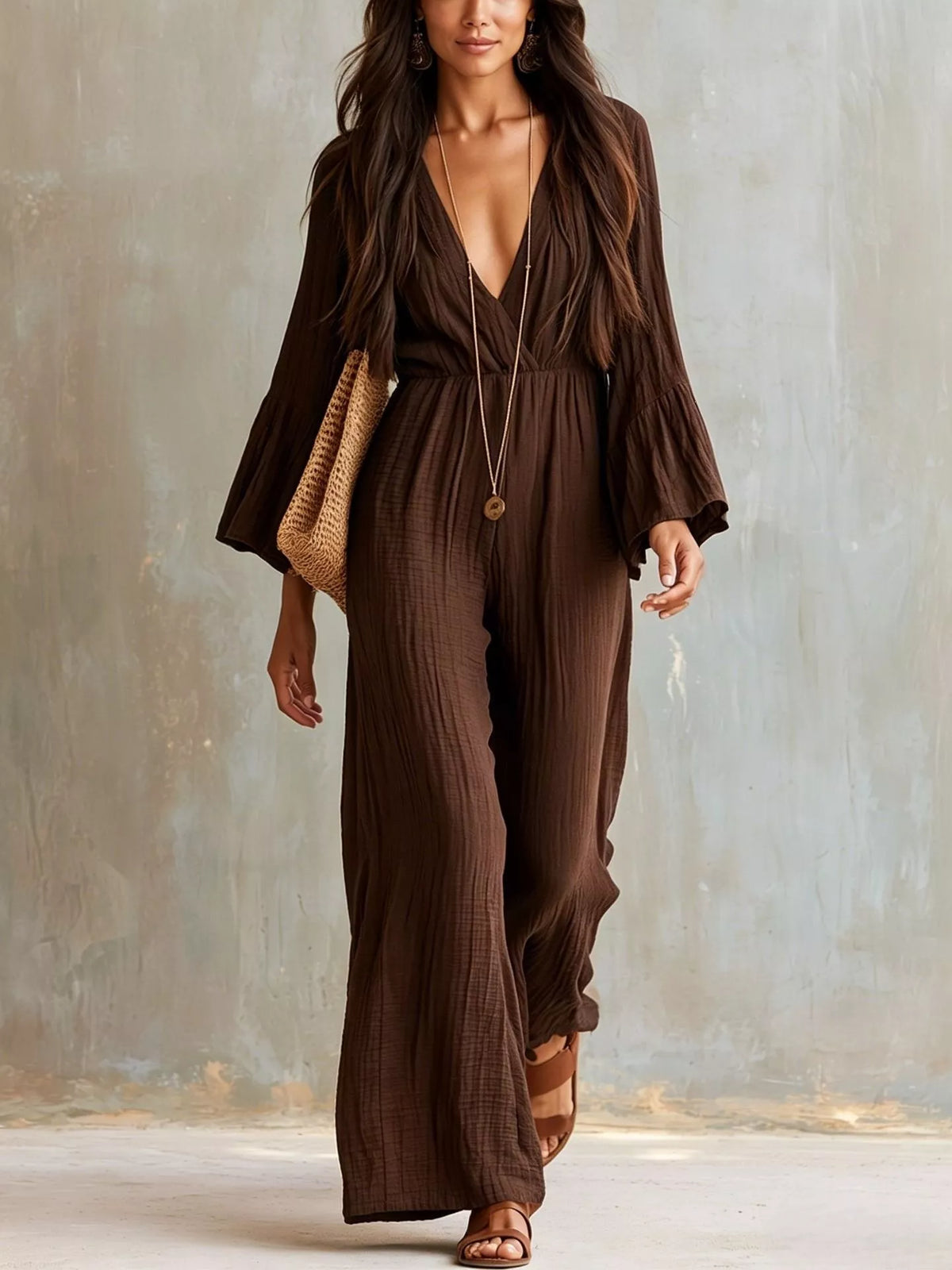 Brown textured flare-sleeve jumpsuit with deep V-neck and loose wide-leg pants